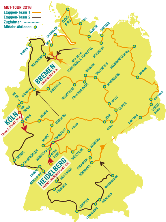 Karte der Mitmach-Aktionen sowie Route MUT-TOUR 2014