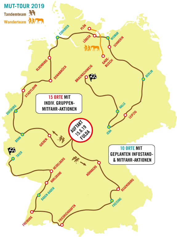 Streckenverlauf der MUT-TOUR 19 und Aktionstage - für offeneren Umgang mit Depression