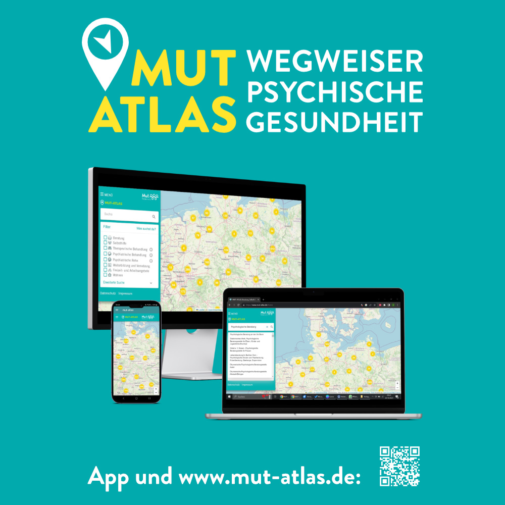 Online-Ansicht des MUT-ATLAS mit Deutschlandkarte, Suchleiste und Angebotskategorien